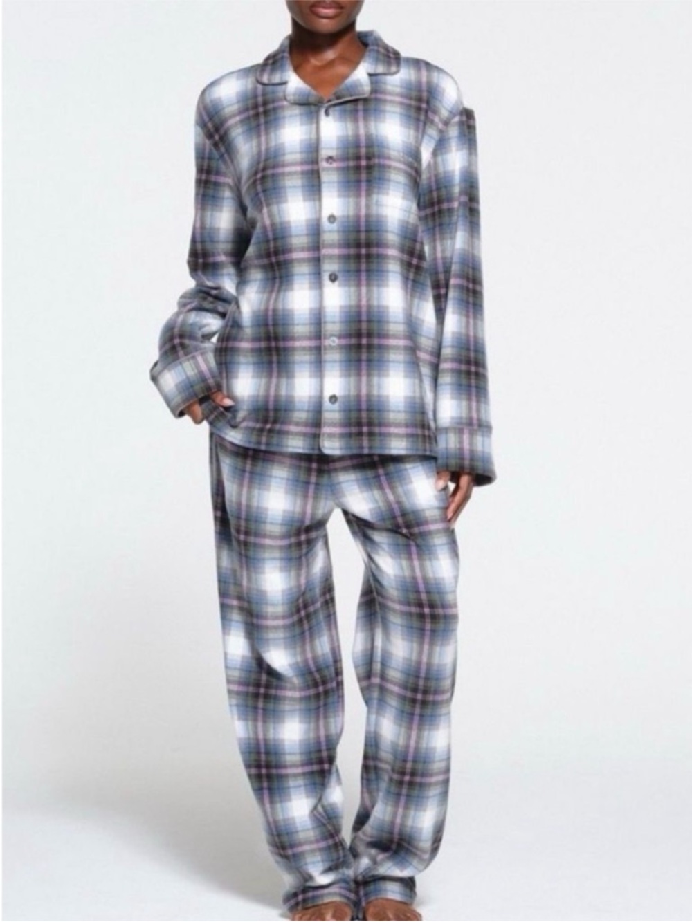 SKIMS Unisex Plaid Flannel Pajama Set Blue Pink